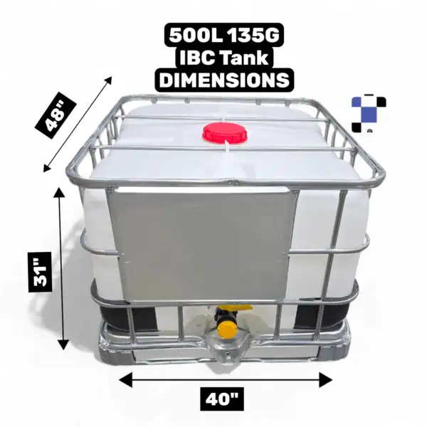 500 litre 135 gallon ibc tote, new 2" ball valve with camlock/quick connect new bottle and cage