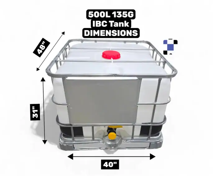 500 litre 135 gallon ibc tote, new 2" ball valve with camlock/quick connect new bottle and cage