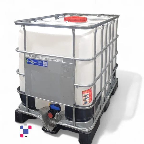 600 Litre 160 Gallon Reconditioned IBC Tote with 2 Inch Butterfly Valve on All Plastic Base - Image 1