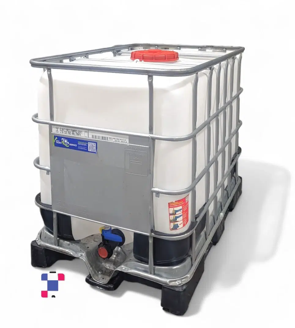 600 Litre 160 Gallon Reconditioned IBC Tote with 2 Inch Butterfly Valve on All Plastic Base - Image 1