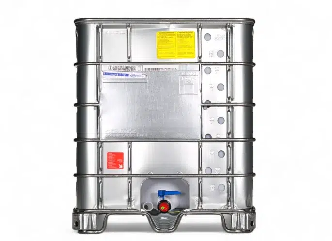 1000 Litre 275 Gallon Reconditioned SCHUTZ Sheet Metal Wrapped Plastic Bottle IBC