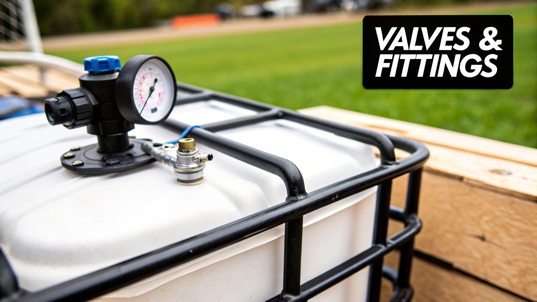Close-up of an IBC tote valve and fittings