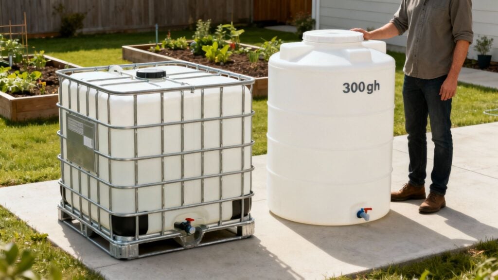A 300-gallon IBC water tank sitting in a grassy area, ready for use.