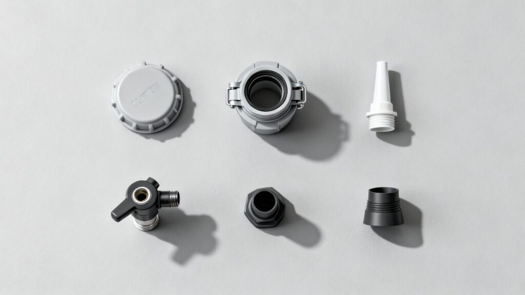 An assortment of different IBC tote fittings and adapters