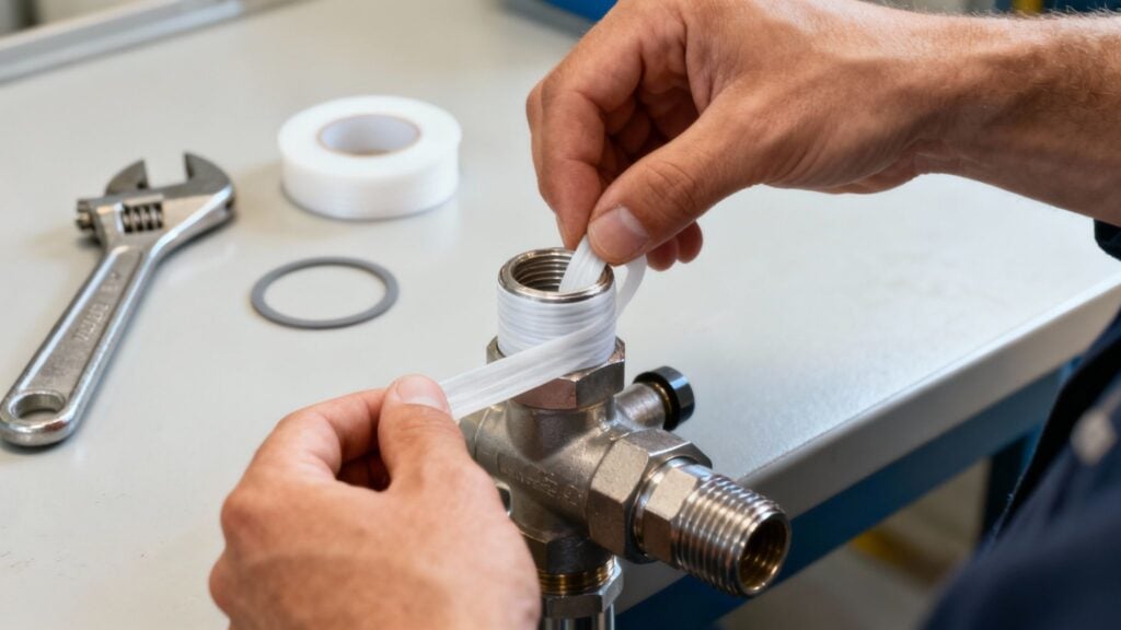 A person tightening an IBC tote fitting by hand.
