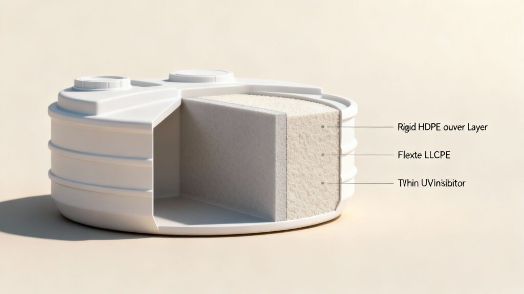 A large plastic water storage tank in a factory setting, illustrating the manufacturing process.