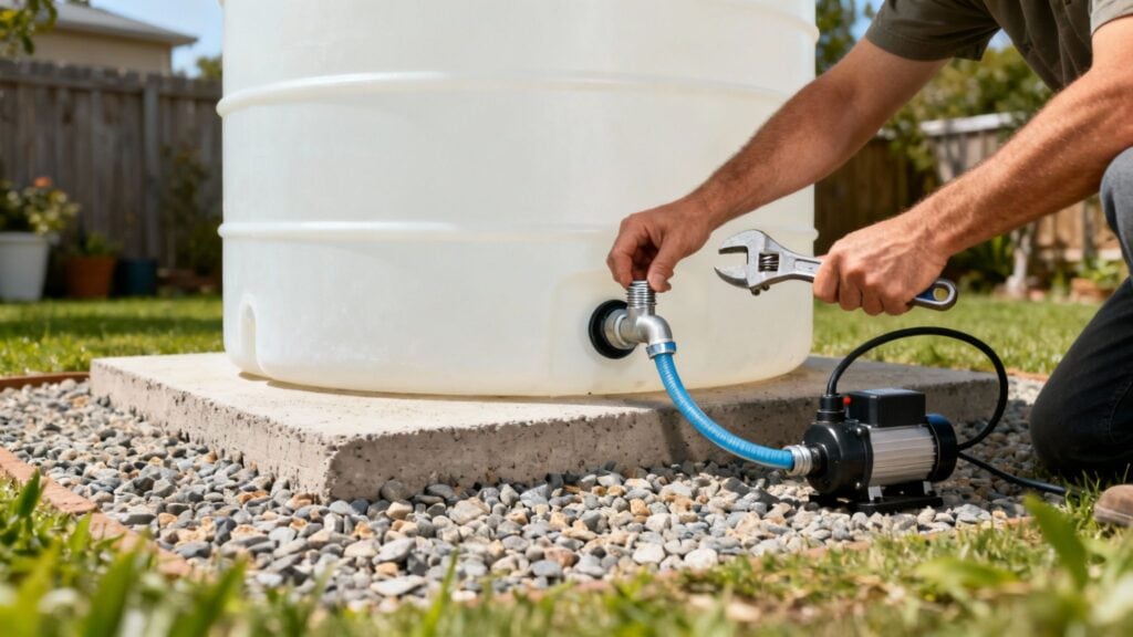 Several water tanks connected with PVC piping and valves.