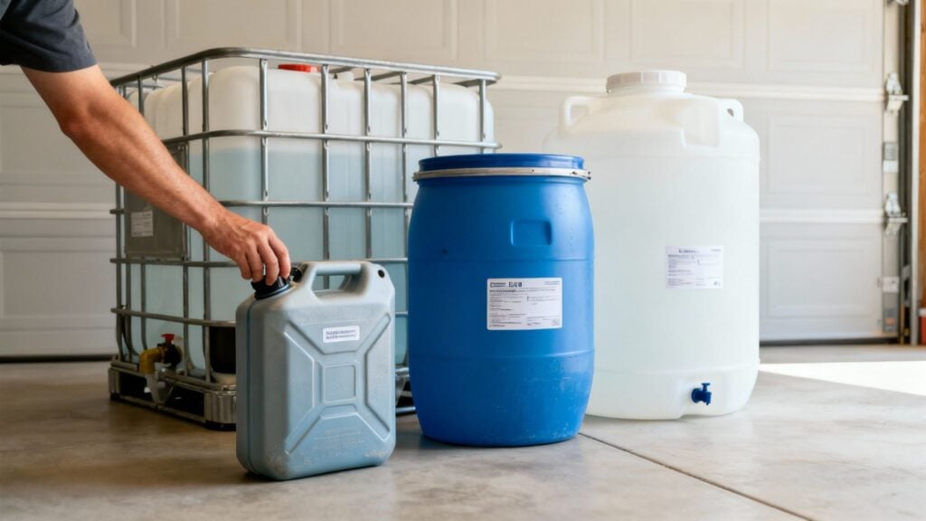 A large, white, cage-protected water storage container placed in a green, natural setting.