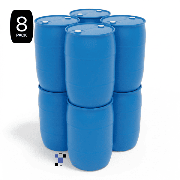 coming soon brand new 8 pack 55 gallon 200 litre closed head hdpe plastic drum blue ($94.50/pc) (copy)