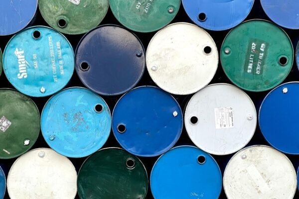 Top view of stacked steel 55 gallon drums
