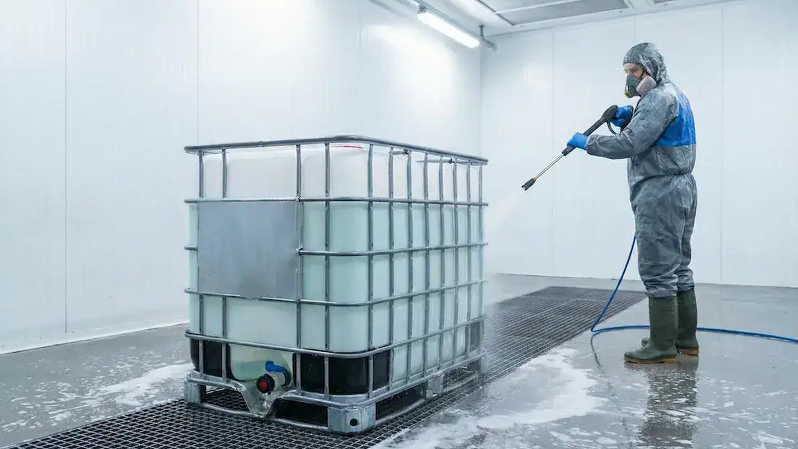 Worker pressure washing an IBC tote